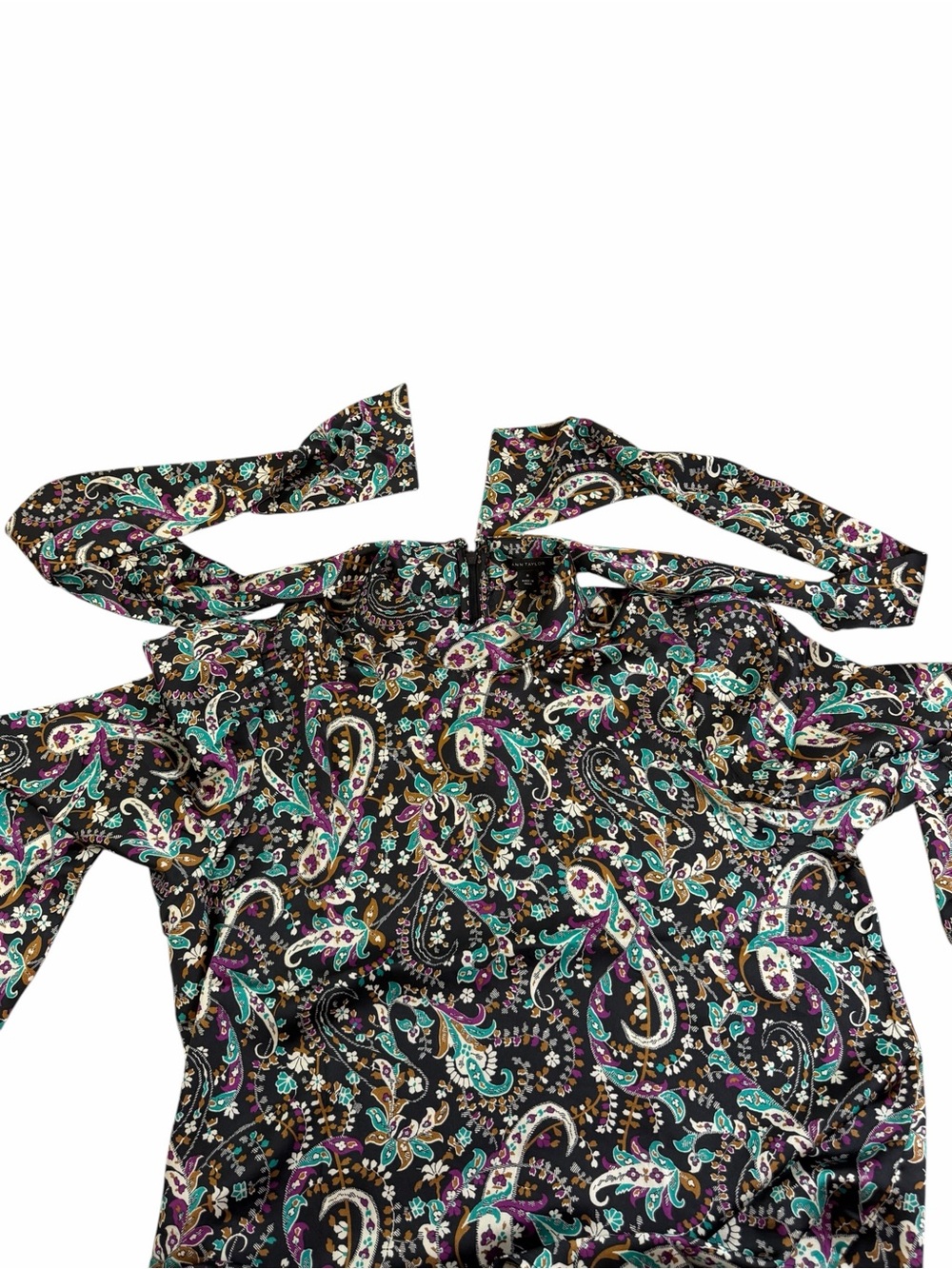 Chic Paisley Tie-Neck Blouse in Black, Teal & Purple - Picture 7 of 7